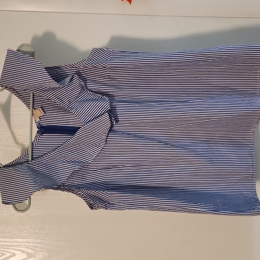 J. Crew Navy and White Ruffle Blouse